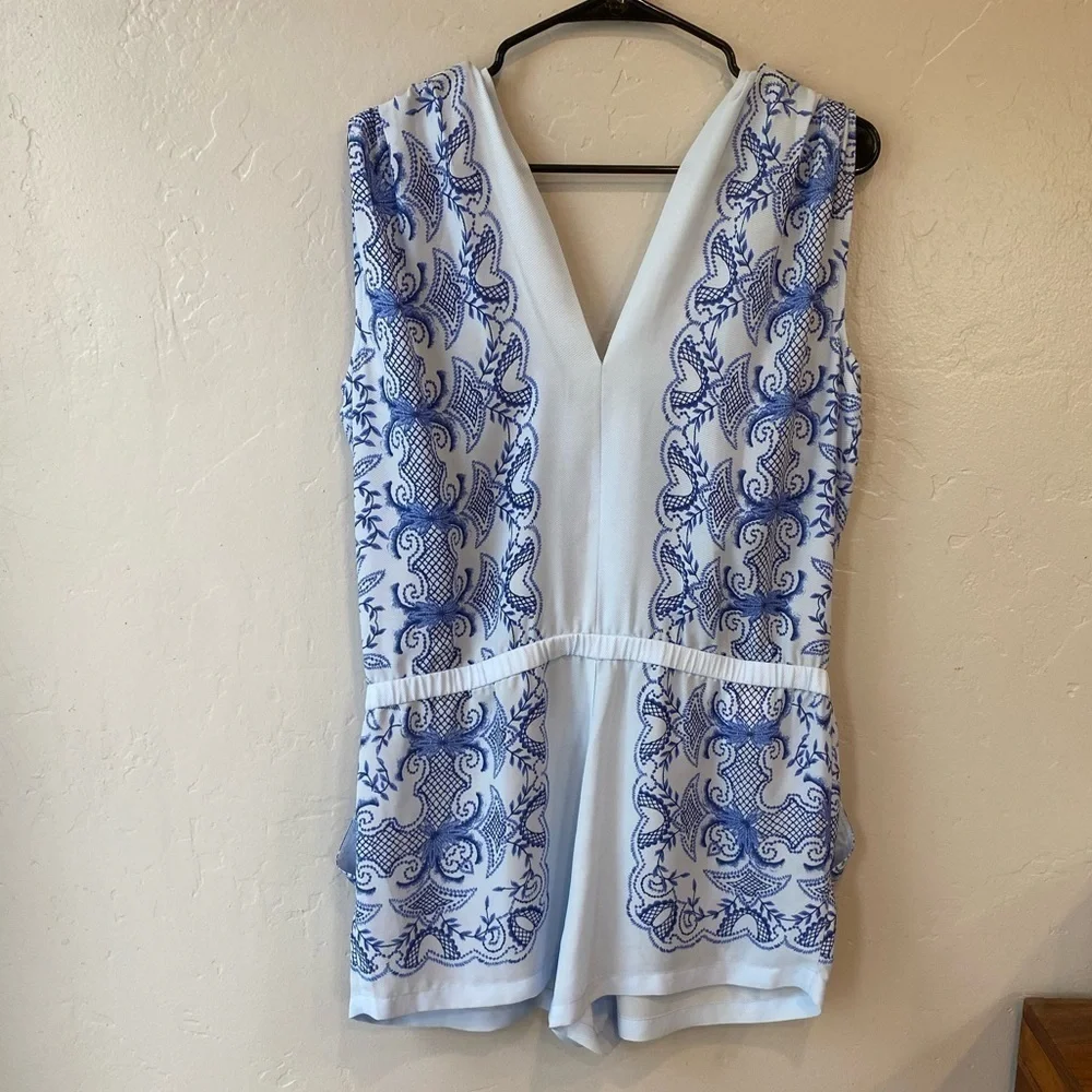 BCBGMaxAzria V-Neck Floral Scarf Print Vance Tie Waist Romper - Light Oasis Blue